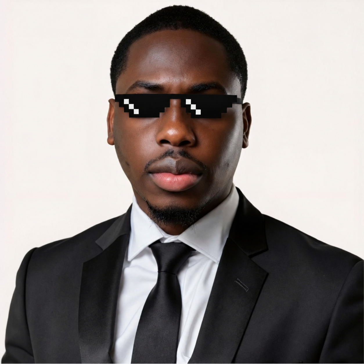 Moses in a black suit and tie, wearing playful black pixel sunglasses